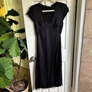 Lacausa black slip dress v neck flutter sleeve satin midi